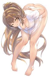 Rule 34 | 1girl, areola slip, ass, barefoot, bent over, bottomless, breasts, brown hair, cleavage, downblouse, feet, highres, hololive, hololive english, honkivampy, large breasts, leaning forward, long hair, looking at viewer, multicolored hair, nanashi mumei, no bra, no panties, no pants, ponytail, see-through, see-through silhouette, shirt, simple background, solo, toes, two-tone hair, virtual youtuber, white background, white shirt
