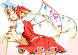 Rule 34 | 1girl, :o, b-ginga, blonde hair, blush, body blush, female focus, flandre scarlet, food, hat, holding, jpeg artifacts, long hair, looking at viewer, looking back, open mouth, popsicle, red eyes, side ponytail, skirt, skirt set, solo, star-shaped pupils, star (symbol), stuffed animal, stuffed rabbit, stuffed toy, symbol-shaped pupils, touhou, wings, wrist cuffs