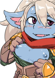 Rule 34 | 1girl, blue skin, blush, breasts, colored skin, fangs, gloves, hair between eyes, league of legends, looking at viewer, medium breasts, nipples, open clothes, open mouth, pointy ears, poppy (league of legends), purple eyes, silver hair, simple background, smile, solo, tongue, twintails, upper body, white background, yordle, zei-minarai