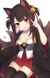 Rule 34 | 1girl, :d, akagi-chan (azur lane), akagi (azur lane), amashiro natsuki, animal ears, azur lane, bell, black kimono, black thighhighs, blush, bow, brown hair, commentary request, fang, fox ears, fox girl, fox shadow puppet, fox tail, hair bell, hair bow, hair ornament, hakama, hakama short skirt, hakama skirt, hand up, head tilt, highres, japanese clothes, jingle bell, kimono, kitsune, long sleeves, looking at viewer, open clothes, open kimono, open mouth, pleated skirt, red bow, red eyes, red skirt, short twintails, sidelocks, simple background, sitting, skirt, sleeves past wrists, smile, solo, strapless, tail, thighhighs, twintails, white background, wide sleeves
