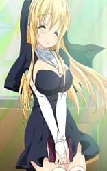 Rule 34 | 10s, blonde hair, blush, book, breasts, cross, detached sleeves, closed eyes, large breasts, long hair, love colon, nun, screencap, smile, stitched, thighhighs, third-party edit, white legwear, zettai ryouiki