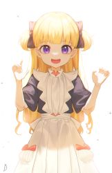 Rule 34 | 1girl, absurdres, blonde hair, blurry, bow, child, dress, emilico (shadows house), hair bow, happy, highres, long hair, open mouth, purple eyes, roze (user mwcd2533), shadows house, simple background, smile, solo, twintails, watermark, white background
