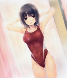 Rule 34 | absurdres, arena (company), coffee-kizoku, competition swimsuit, highres, one-piece swimsuit, red one-piece swimsuit, shower, swimsuit, wet, wet clothes, wet swimsuit