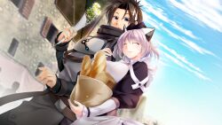 Rule 34 | 1boy, 1girl, ^ ^, apron, arm hug, armor, atelier-moo, baguette, belt, black hair, blush, bread, breast rest, breasts, closed eyes, cowboy shot, flower, food, frilled apron, frills, hair between eyes, hair ornament, head tilt, highres, holding, holding flower, holding food, house, ibis (our battle has just begun!), large breasts, long sleeves, looking down, maid, maid apron, narrow waist, oma (our battle has just begun!), open mouth, our battle has just begun!, puffy long sleeves, puffy sleeves, purple eyes, short hair, sky, smile, standing, sweatdrop, town, white apron