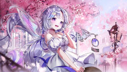 Rule 34 | 1girl, :d, absurdres, ahoge, ayatsuno yuni, blush, breasts, building, cherry blossoms, cleavage, day, dot nose, dress, eumi 114, falling petals, feathered wings, grey hair, hand up, highres, lamppost, long hair, looking at viewer, low twintails, mini wings, off-shoulder dress, off shoulder, open hand, open mouth, outdoors, parted bangs, petals, purple eyes, sidelocks, sign, small breasts, smile, solo, spring (season), teeth, twintails, upper body, upper teeth only, very long hair, virtual youtuber, white dress, white wings, wings, yumepercent
