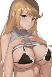 1girl bare_shoulders bikini bikini_under_clothes black_bikini blonde_hair blush breasts cleavage clothes_lift highres j@ck large_breasts long_hair looking_at_viewer maid maid_bikini matching_hair/eyes mythra_(xenoblade) shirt shirt_lift sidelocks sleeveless sleeveless_shirt solo swept_bangs swimsuit turtleneck unconventional_maid underboob white_shirt xenoblade_chronicles_(series) xenoblade_chronicles_2 yellow_eyes