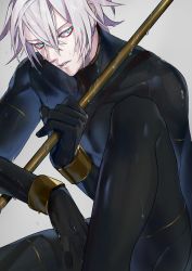 Rule 34 | 1boy, adapted costume, bad id, bad twitter id, bishounen, blue eyes, bodysuit, diving suit, eyeshadow, fate/grand order, fate (series), highres, holding, holding polearm, holding weapon, karna (fate), looking at viewer, makeup, male focus, ono matope, parted lips, polearm, solo, weapon, wet, white hair, wristband