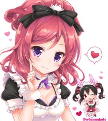 Rule 34 | 2girls, ;d, black bow, black hair, bow, bowtie, breasts, cleavage, commentary request, detached collar, frilled sleeves, frills, hair bow, half updo, heart, index finger raised, jumping, looking at viewer, love live!, love live! school idol project, maid, maid headdress, medium hair, mogyutto &quot;love&quot; de sekkin chuu!, multiple girls, nishikino maki, one eye closed, open mouth, paw pose, purple eyes, purple neckwear, red eyes, red hair, red neckwear, sakurai makoto (custom size), short sleeves, signature, smile, spoken heart, twintails, twitter username, wristband, yazawa nico