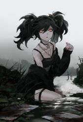 Rule 34 | 1girl, absurdres, black cardigan, black choker, black hair, blood, blood stain, bra, breasts, cardigan, choker, collarbone, cross, cross necklace, eyeliner, fog, glowing, glowing eyes, goth fashion, grass, hairband, highres, jewelry, jiz (pffbq), long hair, looking at viewer, makeup, mascara, necklace, orange eyes, orange nails, original, pale skin, paper, partially submerged, see-through, see-through shirt, sitting, small breasts, solo, spiked hairband, spikes, thigh strap, twintails, underwear, water
