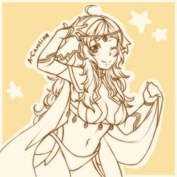 Rule 34 | 1girl, ahoge, breasts, cape, circlet, closed mouth, fire emblem, fire emblem fates, holding, holding cape, holding clothes, leitz acaroline, long hair, looking at viewer, medium breasts, monochrome, navel, nintendo, one eye closed, ophelia (fire emblem), sketch, solo, upper body, yellow background