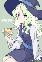 Rule 34 | 1girl, blonde hair, blue eyes, cake, cake slice, diana cavendish, female focus, food, harukadew, hat, holding, little witch academia, long hair, looking at viewer, luna nova school uniform, plate, school uniform, shirt, skirt, smile, tagme, white shirt, witch, witch hat