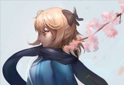 Rule 34 | 1girl, blonde hair, cherry blossoms, fate/grand order, fate (series), japanese clothes, kimono, koha-ace, okita souji (fate), okita souji (koha-ace), profile, scarf, solo, upper body, yellow eyes, yuuko (renhaowei2010)