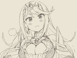 Rule 34 | 1girl, :&lt;, anbe masahiro, blush, breasts, cleavage, large breasts, long hair, monochrome, mythra (xenoblade), nintendo, sketch, solo, tegaki draw and tweet, v-shaped eyebrows, xenoblade chronicles (series), xenoblade chronicles 2, xenoblade chronicles (series), xenoblade chronicles 2