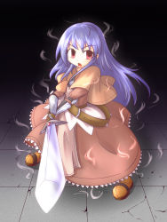Rule 34 | 1girl, belt, belt buckle, bio lab, blue hair, boots, brown capelet, brown dress, brown footwear, brown gloves, buckle, capelet, chest protector, chibi, commentary request, darkness, dress, egnigem cenia, empty eyes, eyes visible through hair, fighting stance, frilled dress, frills, full body, gauntlets, gloves, highres, holding, holding sword, holding weapon, janas, long hair, long sleeves, long sword, looking at viewer, open mouth, ragnarok online, red eyes, solo, standing, sword, swordsman (ragnarok online), tabard, tile floor, tiles, weapon