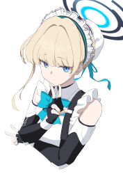Rule 34 | 1girl, absurdres, apron, black gloves, blonde hair, blue archive, blue bow, blue bowtie, blue eyes, blue ribbon, bocchi (kuropom7), bow, bowtie, closed mouth, commentary request, cropped torso, double v, elbow gloves, fingerless gloves, frilled apron, frills, gloves, hair ribbon, halo, highres, looking at viewer, maid headdress, ribbon, short hair, simple background, solo, toki (blue archive), v, white apron, white background