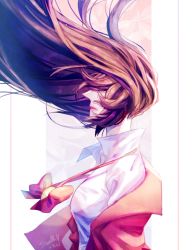 Rule 34 | 1girl, bow, bowtie, brown hair, hair over eyes, highres, laflora, lipstick, long hair, makeup, pointy nose, profile, red bow, red bowtie, shirt, solo, sweettle.n, tiwa pudpichya, upper body, white shirt, wind