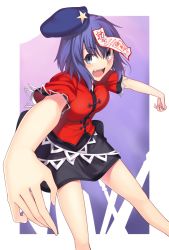 Rule 34 | 1girl, blue eyes, blue hair, female focus, hat, jiangshi, kaiza (rider000), matching hair/eyes, miyako yoshika, ofuda, open mouth, outstretched arms, perspective, short hair, short sleeves, skirt, smile, solo, spread arms, star (symbol), touhou