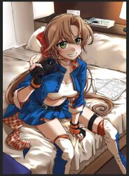 1girl akigumo_(kancolle) akigumo_kai_ni_(kancolle) akigumo_kai_ni_(race_queen_mode)_(kancolle) bandeau bed blue_jacket blue_skirt breasts brown_hair cleavage commentary_request cropped_jacket feet_out_of_frame gloves green_eyes grin hair_ribbon jacket kantai_collection long_hair looking_at_viewer medium_breasts mole mole_under_eye multicolored_clothes multicolored_gloves multicolored_thighhighs official_alternate_costume partially_fingerless_gloves ponytail race_queen ribbon sitting skirt smile solo takana_shinno white_bandeau