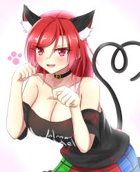 Rule 34 | 1girl, animal ear fluff, animal ears, bad id, bad twitter id, bare shoulders, black choker, blush, breasts, cat ears, cat tail, choker, cleavage, clothes writing, collarbone, commentary request, cowboy shot, extra ears, eyelashes, fang, fingernails, gradient background, hair between eyes, hanging breasts, hecatia lapislazuli, highres, kemonomimi mode, large breasts, leaning forward, long fingernails, long hair, looking at viewer, musteflott419, no headwear, off-shoulder shirt, off shoulder, paw pose, pink background, red eyes, red hair, shirt, skirt, swept bangs, tail, touhou, upper body, white background