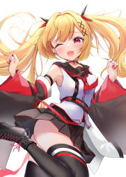Rule 34 | 1girl, absurdres, black footwear, black thighhighs, blonde hair, blush, choker, detached sleeves, equal (heartstrings), hair ornament, hair spread out, hairclip, hands up, highres, hoshikawa sara, hoshikawa sara (5th costume), leg up, looking at viewer, necktie, nijisanji, one eye closed, open mouth, red eyes, red necktie, simple background, solo, thighhighs, virtual youtuber, white background
