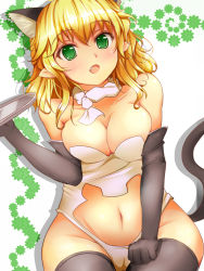 Rule 34 | 1girl, animal ears, black gloves, black thighhighs, blonde hair, blush, breasts, cat ears, cat girl, cat tail, cleavage, clothing cutout, elbow gloves, extra ears, fang, female focus, fukunaga kazuhiro, gloves, green eyes, highres, kemonomimi mode, mizuhashi parsee, navel cutout, one-piece swimsuit, open mouth, pointy ears, shawl, solo, swimsuit, tail, thighhighs, touhou, tray, white one-piece swimsuit