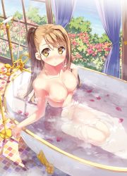 Rule 34 | 1girl, absurdres, arm at side, bath, bathing, bathroom, bathtub, blush, breasts, brown eyes, brown hair, bush, claw foot bathtub, collarbone, curtains, day, faucet, flower, flower on liquid, groin, hair between eyes, hand on own chin, hand up, highres, ichinose hotori, indoors, kantoku, large breasts, long hair, looking at viewer, medium breasts, navel, nipples, nude, open mouth, parted lips, partially submerged, petals, petals on liquid, ponytail, ripples, rose petals, shower head, single hair intake, sitting, slipper bathtub, solo, stomach, tile floor, tiles, water, wet, window, your diary