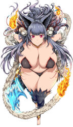 Rule 34 | 1girl, absurdres, animal ears, bell, bikini, black bikini, breasts, breasts apart, collar, collarbone, dot nose, eyelashes, female focus, fire, floating hair, fox ears, fox girl, fox tail, granblue fantasy, grey hair, highres, huge breasts, linea alba, long hair, looking at viewer, navel, plump, red eyes, shadow, sidelocks, skindentation, smile, solo, standing, swimsuit, tail, thick thighs, thighs, tsukasawa takamatsu, white background, wide hips, yuel (granblue fantasy)