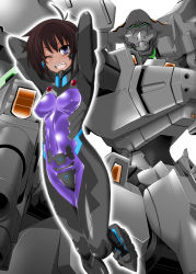 Rule 34 | 1girl, ahoge, antenna hair, armor, arms behind head, arms up, bad id, bad pixiv id, black bodysuit, bodysuit, breasts, brown hair, covered erect nipples, covered navel, dark-skinned female, dark skin, f-15e strike eagle, female focus, looking at viewer, mecha, muv-luv, muv-luv alternative, muv-luv total eclipse, one eye closed, open mouth, pilot suit, purple bodysuit, purple eyes, robot, short hair, skin tight, small breasts, smile, solo, tarisa manandal, to-gnaniwa, weapon, white background, wink