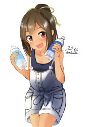 Rule 34 | 10s, 1girl, bad id, bad pixiv id, bottle, brown eyes, brown hair, i-401 (kancolle), kantai collection, nekobaka, overalls, ponytail, red eyes, school swimsuit, short hair, simple background, solo, sweat, swimsuit, swimsuit under clothes, water bottle