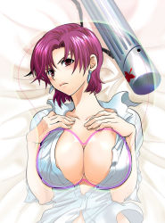 Rule 34 | 1girl, bazett fraga mcremitz, bed, blush, breast mousepad, breasts squeezed together, breasts, dress shirt, earrings, fate/hollow ataraxia, fate/stay night, fate (series), jewelry, large breasts, lying, mgk968, mousepad, mousepad (medium), no bra, open clothes, open shirt, purple eyes, purple hair, shirt, short hair, sleeves pushed up, solo, unbuttoned
