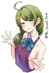 Rule 34 | 1girl, absurdres, ahoge, aqua bow, aqua bowtie, blue eyes, bow, bowtie, braid, breasts, cropped torso, detached collar, dress, green hair, halter dress, halterneck, highres, kantai collection, long hair, medium breasts, mole, mole under mouth, simple background, single braid, solo, the second form, tongue, tongue out, twitter username, upper body, very long hair, white background, yuugumo (kancolle)