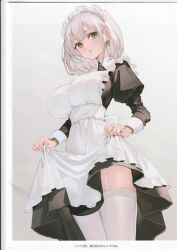 Rule 34 | 1girl, absurdres, alternate costume, apron, black dress, blush, breasts, dress, earrings, frills, garter straps, green eyes, grey hair, hair ornament, highres, holding, hololive, jewelry, large breasts, lifted by self, long sleeves, looking at viewer, maid, maid apron, maid headdress, parted lips, puffy sleeves, scan, shirogane noel, short hair, simple background, skirt hold, solo, thighhighs, virtual youtuber, watao, white background