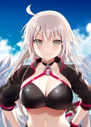Rule 34 | 1girl, ahoge, bikini, black bikini, black jacket, blue sky, blush, breasts, choker, cleavage, cloud, collarbone, day, fate/grand order, fate (series), hand on own hip, highres, jacket, jeanne d&#039;arc alter (swimsuit berserker) (fate), jeanne d&#039;arc (fate), jeanne d&#039;arc alter (fate), jeanne d&#039;arc alter (swimsuit berserker) (fate), katana, large breasts, long hair, looking at viewer, murakami yuichi, o-ring, ocean, shrug (clothing), sky, smile, solo, sparkle, swimsuit, sword, tentacles, very long hair, weapon, yellow eyes