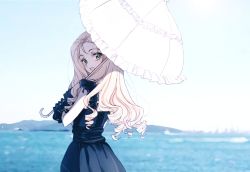 Rule 34 | 1girl, april tada, blonde hair, blue dress, blue gloves, blue theme, blurry, blurry background, commentary, day, depth of field, dress, drill hair, formal, from side, girls und panzer, gloves, green eyes, holding, holding umbrella, long dress, long hair, looking at viewer, looking back, marie (girls und panzer), open mouth, outdoors, parasol, sleeveless, sleeveless dress, smile, standing, umbrella, white umbrella
