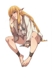 Rule 34 | 1girl, anklet, barefoot, between legs, blonde hair, breasts, brooch, brown eyes, chuckuddin, cleavage, collarbone, earclip, elf, feet, gem, green gemstone, hair tubes, hand between legs, hand on own cheek, hand on own face, highres, jewelry, leaning forward, lips, long hair, looking at viewer, medium breasts, parted lips, pointy ears, serie (sousou no frieren), simple background, smile, solo, sousou no frieren, very long hair, white background, wide sleeves