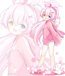 Rule 34 | 1girl, ahoge, animal, blue archive, blue eyes, fang, hair between eyes, hair ornament, heterochromia, hood, hood down, hoodie, hoshino (blue archive), long hair, looking at viewer, open mouth, pink hair, pink hoodie, ponytail, rabbit, skin fang, sleeves past fingers, sleeves past wrists, slippers, smile, socks, solo, striped clothes, striped socks, subin (subin 2011), x hair ornament, yellow eyes, zoom layer