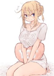 Rule 34 | 1girl, bare legs, barefoot, blonde hair, blue eyes, blush, breasts, cleavage, closed mouth, clothes writing, commentary request, drinking, flying sweatdrops, grey shirt, hair between eyes, hair bun, jewelry, large breasts, looking at viewer, necklace, original, rucchiifu, seiza, shirt, short sleeves, simple background, single hair bun, sitting, smile, solo, white background, yes-no pillow