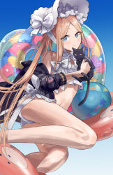 Rule 34 | 1girl, abigail williams (fate), abigail williams (swimsuit foreigner) (fate), abigail williams (swimsuit foreigner) (third ascension) (fate), bare shoulders, bikini, black cat, black jacket, blonde hair, blue eyes, blue sky, blush, bonnet, bow, breasts, cat, day, fate/grand order, fate (series), forehead, hair bow, highres, innertube, jacket, long hair, looking at viewer, miniskirt, multiple bows, na (piyopiyokamera), navel, parted bangs, sidelocks, skirt, sky, small breasts, smile, solo, swim ring, swimsuit, twintails, very long hair, white bikini, white bow, white headwear