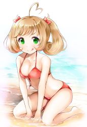 Rule 34 | 1girl, ahoge, bad id, bad pixiv id, bare shoulders, barefoot, beach, bikini, blush, bow, breasts, brown hair, cleavage, closed mouth, collarbone, day, female focus, front-tie bikini top, front-tie top, full body, green eyes, hair bow, happy, idolmaster, idolmaster cinderella girls, kneeling, licking lips, looking at viewer, medium breasts, ocean, outdoors, ratryu, red bikini, red bow, sand, sato shin, shiny skin, short hair, smile, solo, sweat, swimsuit, tongue, tongue out, twintails, water