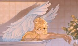 Rule 34 | 1boy, aether (genshin impact), ahoge, androgynous, angel, angel wings, bathtub, bishounen, blonde hair, feathered wings, flower, genshin impact, hair down, highres, jokemato, leaf, long hair, male focus, plant, potted plant, solo, topless male, white flower, white wings, wings, yellow eyes