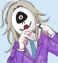 Rule 34 | 1boy, ahoge, blonde hair, blue background, blue necktie, collared shirt, covered face, facing viewer, floral print, hands up, heart, heart hands, jacket, jewelry, long hair, long sleeves, makoto kagutsuchi, male focus, mask, master detective archives: rain code, nanuti kun, necktie, purple jacket, ring, shirt, signature, simple background, solo, upper body, white shirt