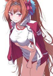 Rule 34 | 1girl, alternate costume, blush, breasts, brown hair, buruma, clenched hand, collarbone, commentary request, daiwa scarlet (umamusume), hair between eyes, hair ornament, highres, itosu200, jacket, large breasts, long hair, looking at viewer, red eyes, ribbon, simple background, solo, tiara, track jacket, twintails, umamusume, white background