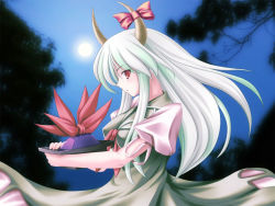 Rule 34 | 1girl, borrowed clothes, bow, dress, ex-keine, female focus, floating hair, from side, full moon, green dress, green hair, hat, holding, holding clothes, holding hat, horn bow, horn ornament, horn ribbon, horns, kamishirasawa keine, long hair, looking at viewer, looking to the side, moon, night, night sky, outdoors, parted lips, puffy short sleeves, puffy sleeves, red bow, red eyes, red ribbon, ribbon, short sleeves, sidelocks, sky, solo, touhou, tree, unworn hat, unworn headwear, upper body