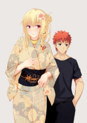 Rule 34 | 1boy, 1girl, akage, blonde hair, blush, braid, breasts, brown eyes, earrings, emiya shirou, fate/stay night, fate (series), fish, flower, gender request, genderswap, gilgamesh-ko, gilgamesh (fate), hair ornament, japanese clothes, jewelry, kimono, long hair, necklace, pants, red eyes, red hair, ribbon, short hair, simple background