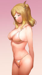 Rule 34 | 1girl, a1 (initial-g), arms behind back, bikini, blonde hair, braid, breasts, commentary request, gradient background, green eyes, highres, large breasts, light smile, lips, love live!, love live! sunshine!!, navel, ohara mari, orange bikini, pink background, short hair, smile, solo, swimsuit
