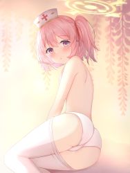 Rule 34 | 1girl, absurdres, ass, blue archive, blurry, blurry background, blush, clothes pull, commentary request, dae (dog-of-maou), hair ornament, hat, highres, looking at viewer, looking back, nurse cap, panties, pantyhose, pantyhose pull, pink hair, serina (blue archive), short hair, simple background, solo, underwear, underwear only