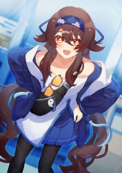 Rule 34 | 1girl, black pantyhose, blue jacket, blue skirt, blurry, blurry background, blush, brown hair, commentary, eyewear hang, fanny pack, feet out of frame, flower-shaped pupils, genshin impact, glint, hairband, hands on own hips, highres, hu tao (genshin impact), hu tao (lawson) (genshin impact), jacket, leaning forward, long hair, long sleeves, looking at viewer, off shoulder, open mouth, pantyhose, red eyes, shirt, skirt, smile, solo, sparkle, sudoka, sunglasses, symbol-only commentary, symbol-shaped pupils, twintails, unworn eyewear, very long hair, white shirt
