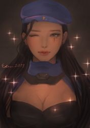 Rule 34 | 1girl, 2019, absurdres, aged down, ana (overwatch), beret, black hair, breasts, brown eyes, captain amari, cleavage, cleavage cutout, clothing cutout, dark-skinned female, dark skin, eden (edensarcade), eye of horus, eyelashes, facial tattoo, facing viewer, hat, highres, lips, lipstick, long hair, looking at viewer, makeup, medium breasts, nose, official alternate costume, one eye closed, overwatch, overwatch 1, signature, solo, sparkle, straight hair, tattoo, uniform