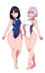 Rule 34 | 2girls, absurdres, aiuti, bare legs, black hair, blue eyes, blue one-piece swimsuit, blush, breasts, closed mouth, commentary request, competition swimsuit, covered navel, full body, gridman universe, highleg, highres, large breasts, light purple hair, long hair, medium breasts, multiple girls, one-piece swimsuit, red eyes, shinjou akane, shiny skin, short hair, simple background, ssss.gridman, standing, straight hair, swimsuit, takarada rikka, thighs, white background, white one-piece swimsuit, wide hips