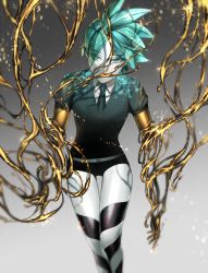 Rule 34 | androgynous, black necktie, black shorts, collared shirt, gender request, gradient background, green hair, highres, houseki no kuni, looking at viewer, necktie, phosphophyllite, shirt, short hair, short sleeves, shorts, simple background, solo, spoilers, ultracat, uniform, white shirt